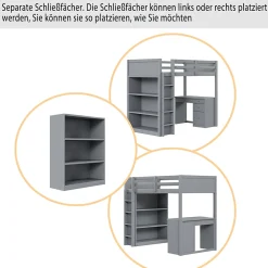 Lit Mezzanine 90x200 cm - Lit enfant avec Bureau et Rangement, Lit Combiné en Bois de Pin Gris, Sans Matelas><noscript><img width=