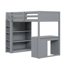 Lit Mezzanine 90x200 cm - Lit enfant avec Bureau et Rangement, Lit Combiné en Bois de Pin Gris, Sans Matelas><noscript><img width=