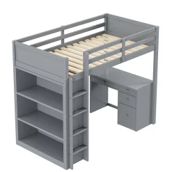 Lit Mezzanine 90x200 cm - Lit enfant avec Bureau et Rangement, Lit Combiné en Bois de Pin Gris, Sans Matelas><noscript><img width=