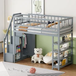 Lit Mezzanine 90x200 cm - Lit enfant avec Garde-Corps Sécurisé et Armoire Intégrée - Étagères Pratiques - Bois Massif - Gris><noscript><img width=