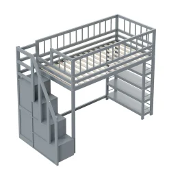 Lit Mezzanine 90x200 cm - Lit enfant avec Garde-Corps Sécurisé et Armoire Intégrée - Étagères Pratiques - Bois Massif - Gris><noscript><img width=