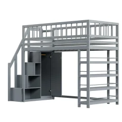 Lit Mezzanine 90x200 cm - Lit enfant avec Garde-Corps Sécurisé et Armoire Intégrée - Étagères Pratiques - Bois Massif - Gris><noscript><img width=
