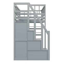 Lit Mezzanine 90x200 cm - Lit enfant avec Garde-Corps Sécurisé et Armoire Intégrée - Étagères Pratiques - Bois Massif - Gris><noscript><img width=