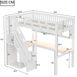 Okwish Lit Mezzanine 90x200 cm - Lit Enfant avec Escalier et Rangement, Bureau Intégré avec LED et USB - Sans Matelas - Bois Blanc* Lit Mezzanine