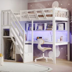 Okwish Lit Mezzanine 90x200 cm - Lit Enfant avec Escalier et Rangement, Bureau Intégré avec LED et USB - Sans Matelas - Bois Blanc* Lit Mezzanine