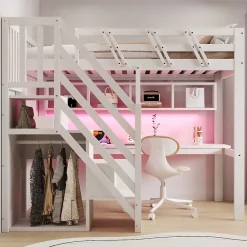 Okwish Lit Mezzanine 90x200 cm - Lit Enfant avec Escalier et Rangement, Bureau Intégré avec LED et USB - Sans Matelas - Bois Blanc* Lit Mezzanine