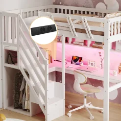 Okwish Lit Mezzanine 90x200 cm - Lit Enfant avec Escalier et Rangement, Bureau Intégré avec LED et USB - Sans Matelas - Bois Blanc* Lit Mezzanine