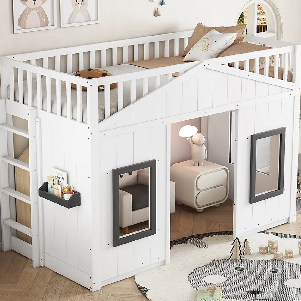 Lit Mezzanine 90x200 cm - Lit Mezzanine enfant avec Échelle, Protection Anti-Chute et Fenêtres, Design Bois, Blanc - Sans Matelas>Okwish Outlet