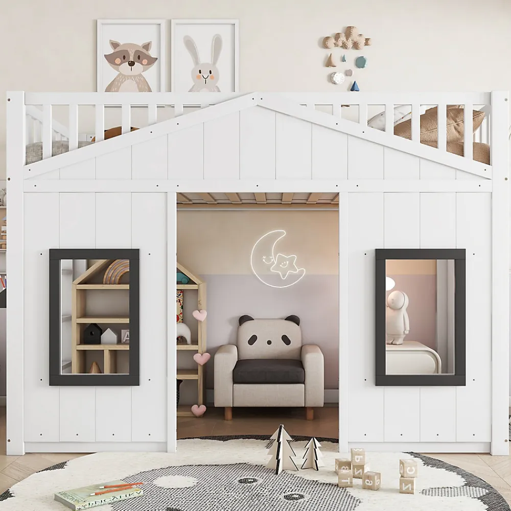 Lit Mezzanine 90x200 cm - Lit Mezzanine enfant avec Échelle, Protection Anti-Chute et Fenêtres, Design Bois, Blanc - Sans Matelas>Okwish Outlet