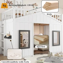 Lit Mezzanine 90x200 cm - Lit Mezzanine enfant avec Échelle, Protection Anti-Chute et Fenêtres, Design Bois, Blanc - Sans Matelas><noscript><img width=