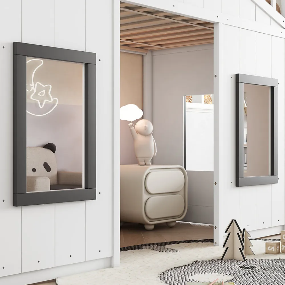 Lit Mezzanine 90x200 cm - Lit Mezzanine enfant avec Échelle, Protection Anti-Chute et Fenêtres, Design Bois, Blanc - Sans Matelas>Okwish Outlet
