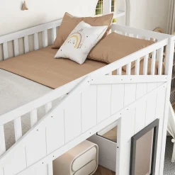 Lit Mezzanine 90x200 cm - Lit Mezzanine enfant avec Échelle, Protection Anti-Chute et Fenêtres, Design Bois, Blanc - Sans Matelas><noscript><img width=