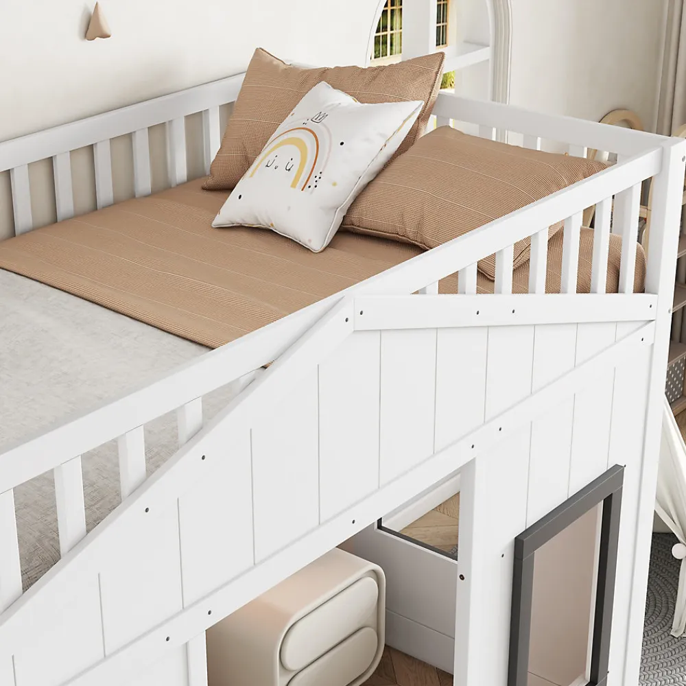 Lit Mezzanine 90x200 cm - Lit Mezzanine enfant avec Échelle, Protection Anti-Chute et Fenêtres, Design Bois, Blanc - Sans Matelas>Okwish Outlet