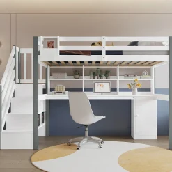 Lit Mezzanine 90x200 cm - Lit Mezzanine Ado avec Bureau, Rangement et Étagères, Pin et MDF, Blanc et Gris, Sans Matelas>Okwish Clearance