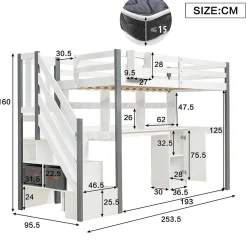 Lit Mezzanine 90x200 cm - Lit Mezzanine Ado avec Bureau, Rangement et Étagères, Pin et MDF, Blanc et Gris, Sans Matelas><noscript><img width=
