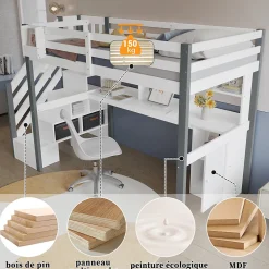 Lit Mezzanine 90x200 cm - Lit Mezzanine Ado avec Bureau, Rangement et Étagères, Pin et MDF, Blanc et Gris, Sans Matelas><noscript><img width=