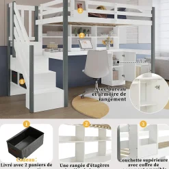 Lit Mezzanine 90x200 cm - Lit Mezzanine Ado avec Bureau, Rangement et Étagères, Pin et MDF, Blanc et Gris, Sans Matelas><noscript><img width=