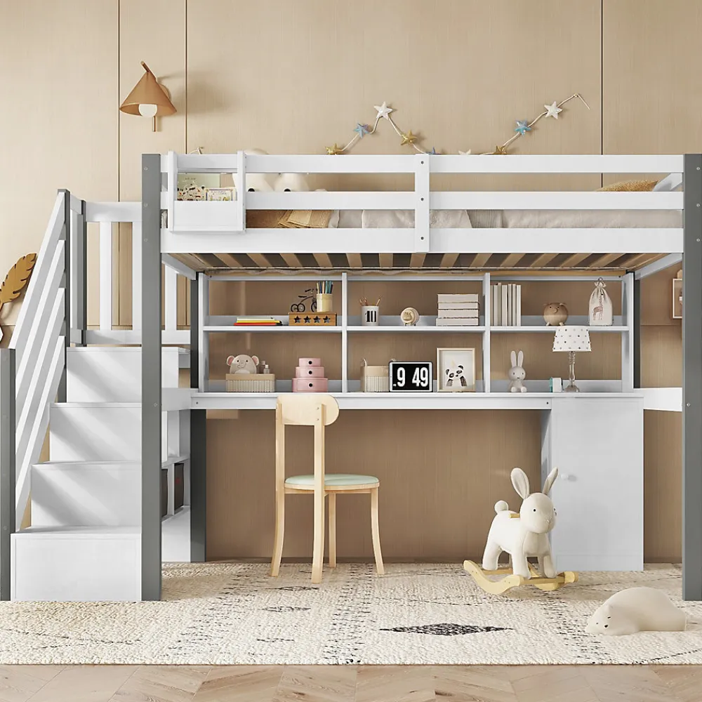 Lit Mezzanine 90x200 cm - Lit Mezzanine Ado avec Bureau, Rangement et Étagères, Pin et MDF, Blanc et Gris, Sans Matelas>Okwish Clearance
