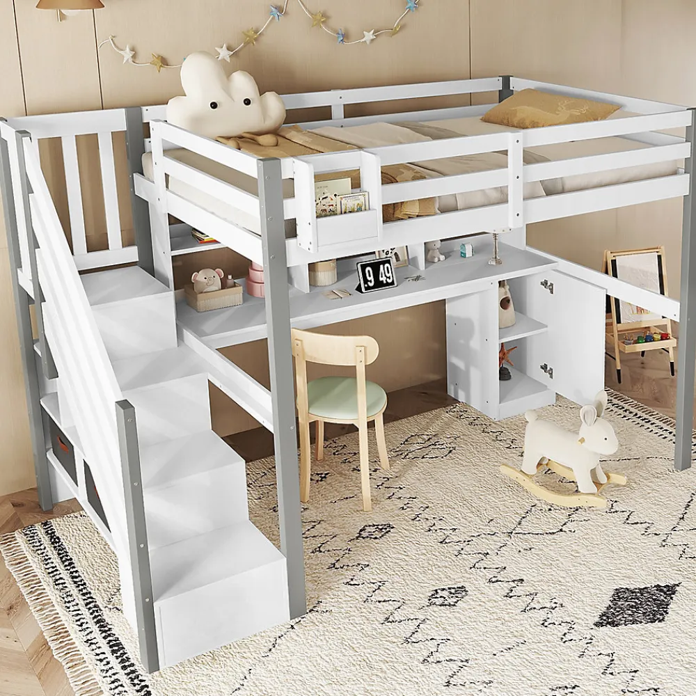 Lit Mezzanine 90x200 cm - Lit Mezzanine Ado avec Bureau, Rangement et Étagères, Pin et MDF, Blanc et Gris, Sans Matelas>Okwish Clearance