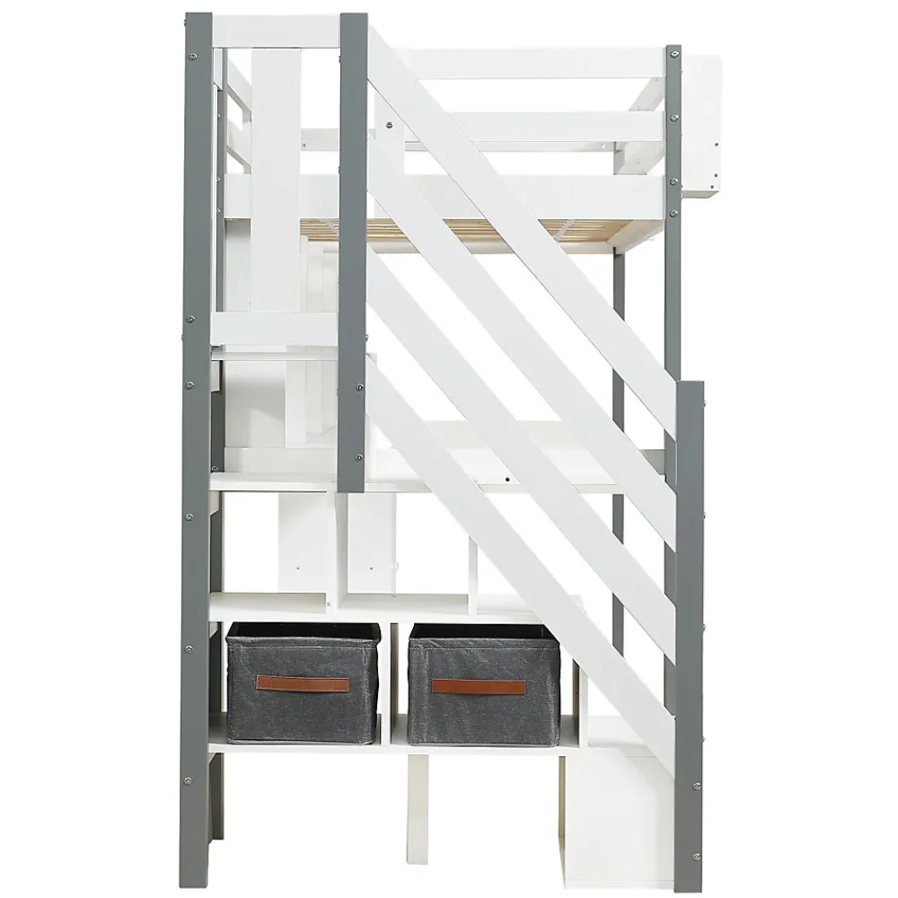 Lit Mezzanine 90x200 cm - Lit Mezzanine Ado avec Bureau, Rangement et Étagères, Pin et MDF, Blanc et Gris, Sans Matelas>Okwish Clearance