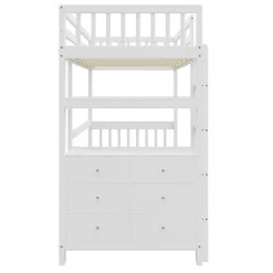 Okwish Lit Mezzanine 90x200 cm - Lit Simple avec Bureau et 6 Tiroirs, Étagères de Rangement, Bois de Pin et MDF, Blanc - Sans Matelas* Lit Mezzanine