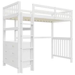 Okwish Lit Mezzanine 90x200 cm - Lit Simple avec Bureau et 6 Tiroirs, Étagères de Rangement, Bois de Pin et MDF, Blanc - Sans Matelas* Lit Mezzanine