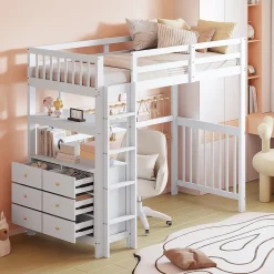 Okwish Lit Mezzanine 90x200 cm - Lit Simple avec Bureau et 6 Tiroirs, Étagères de Rangement, Bois de Pin et MDF, Blanc - Sans Matelas* Lit Mezzanine