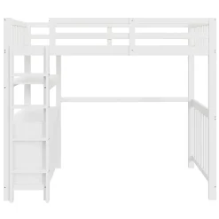 Okwish Lit Mezzanine 90x200 cm - Lit Simple avec Bureau et 6 Tiroirs, Étagères de Rangement, Bois de Pin et MDF, Blanc - Sans Matelas* Lit Mezzanine