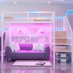 Okwish Lit mezzanine 90x200 cm - Lit simple déco avec éclairage LED et rangement sous lit - Armoire ouverte en MDF et métal - Blanc* Lit Mezzanine