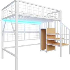 Okwish Lit mezzanine 90x200 cm - Lit simple déco avec éclairage LED et rangement sous lit - Armoire ouverte en MDF et métal - Blanc* Lit Mezzanine