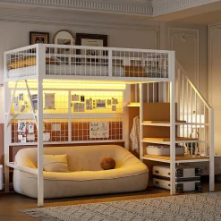 Okwish Lit mezzanine 90x200 cm - Lit simple déco avec éclairage LED et rangement sous lit - Armoire ouverte en MDF et métal - Blanc* Lit Mezzanine