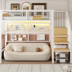Okwish Lit mezzanine 90x200 cm - Lit simple déco avec éclairage LED et rangement sous lit - Armoire ouverte en MDF et métal - Blanc* Lit Mezzanine