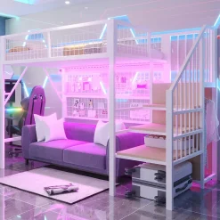 Okwish Lit mezzanine 90x200 cm - Lit simple déco avec éclairage LED et rangement sous lit - Armoire ouverte en MDF et métal - Blanc* Lit Mezzanine