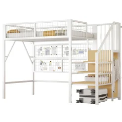 Okwish Lit mezzanine 90x200 cm - Lit simple déco avec éclairage LED et rangement sous lit - Armoire ouverte en MDF et métal - Blanc* Lit Mezzanine