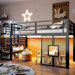 Lit Mezzanine 90x200 cm - Lit Simple avec Escalier de Rangement et LED Intégrée, sans Matelas - Métal Noir>Okwish Outlet