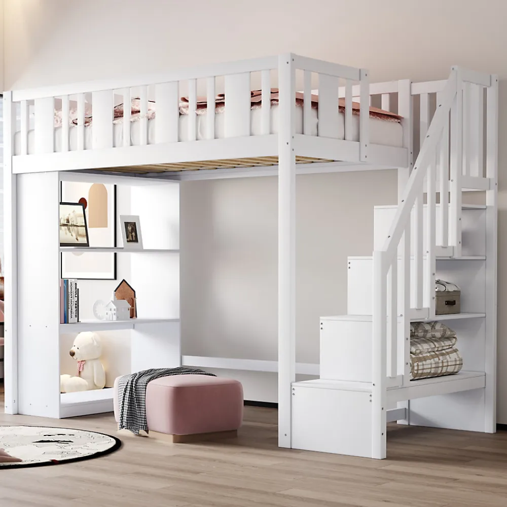 Lit mezzanine 90x200 cm - Lit simple avec rangements intégrés, échelle pratique et tiroirs fonctionnels - Pin et MDF - Blanc>Okwish Outlet