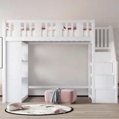 Lit mezzanine 90x200 cm - Lit simple avec rangements intégrés, échelle pratique et tiroirs fonctionnels - Pin et MDF - Blanc><noscript><img width=