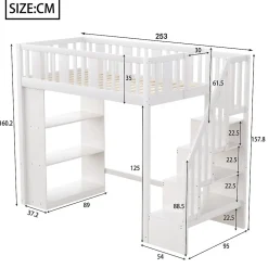 Lit mezzanine 90x200 cm - Lit simple avec rangements intégrés, échelle pratique et tiroirs fonctionnels - Pin et MDF - Blanc><noscript><img width=