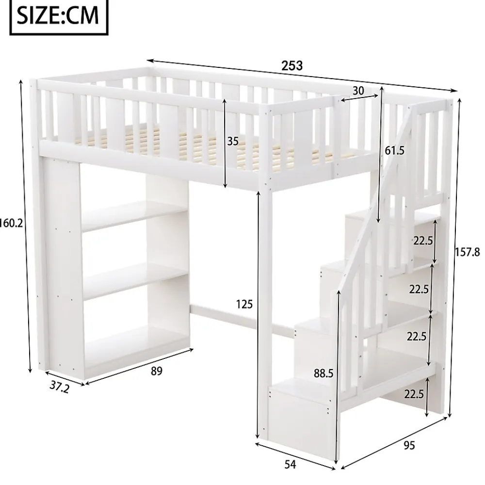 Lit mezzanine 90x200 cm - Lit simple avec rangements intégrés, échelle pratique et tiroirs fonctionnels - Pin et MDF - Blanc>Okwish Outlet