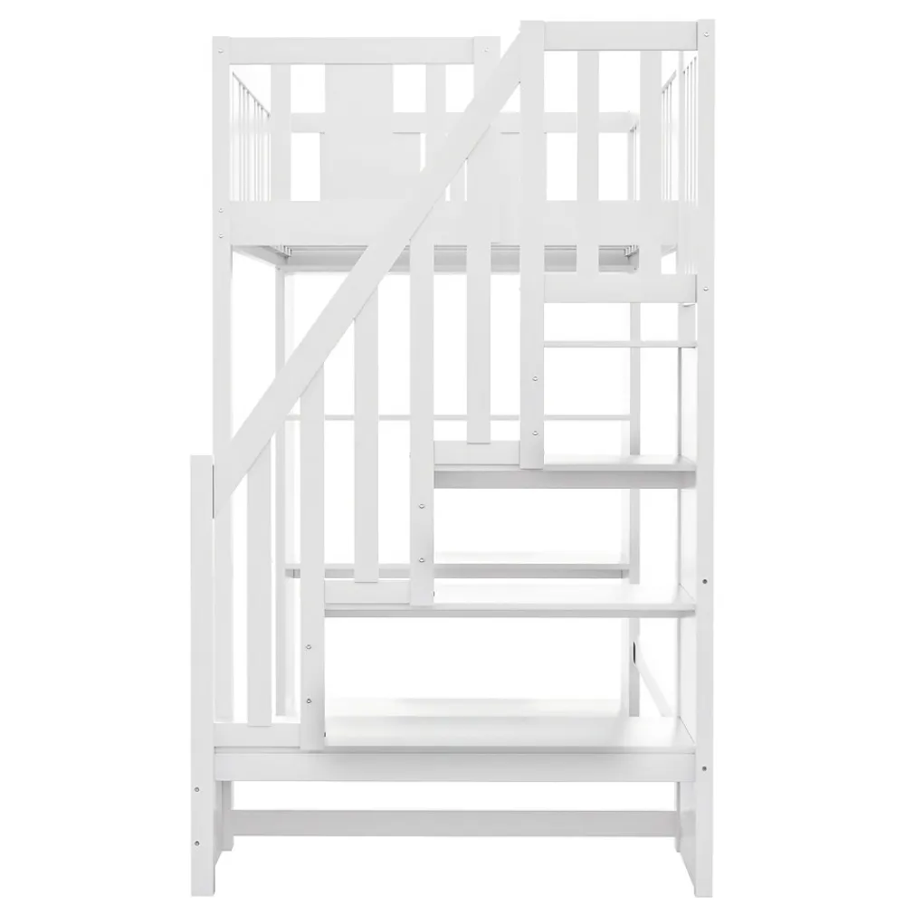 Lit mezzanine 90x200 cm - Lit simple avec rangements intégrés, échelle pratique et tiroirs fonctionnels - Pin et MDF - Blanc>Okwish Outlet