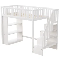 Lit mezzanine 90x200 cm - Lit simple avec rangements intégrés, échelle pratique et tiroirs fonctionnels - Pin et MDF - Blanc><noscript><img width=