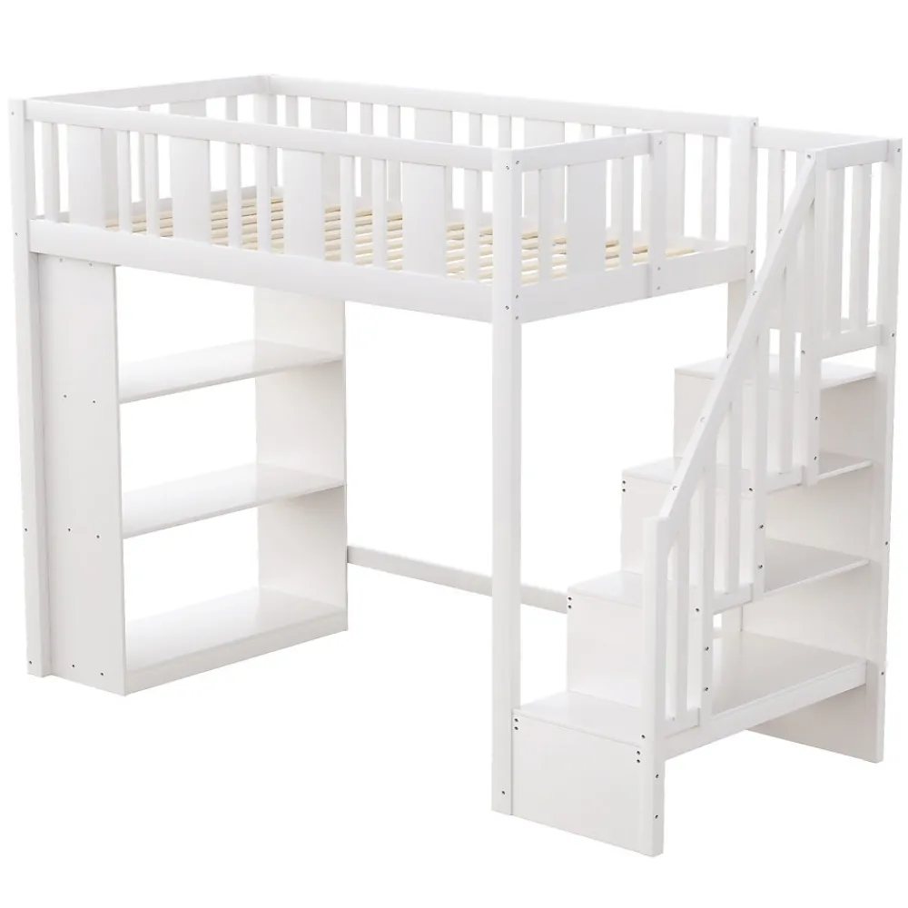 Lit mezzanine 90x200 cm - Lit simple avec rangements intégrés, échelle pratique et tiroirs fonctionnels - Pin et MDF - Blanc>Okwish Outlet