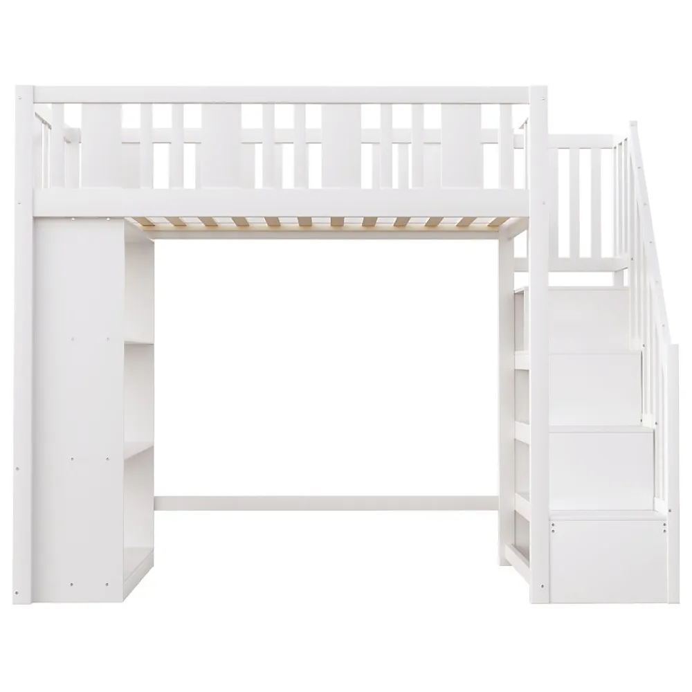 Lit mezzanine 90x200 cm - Lit simple avec rangements intégrés, échelle pratique et tiroirs fonctionnels - Pin et MDF - Blanc>Okwish Outlet