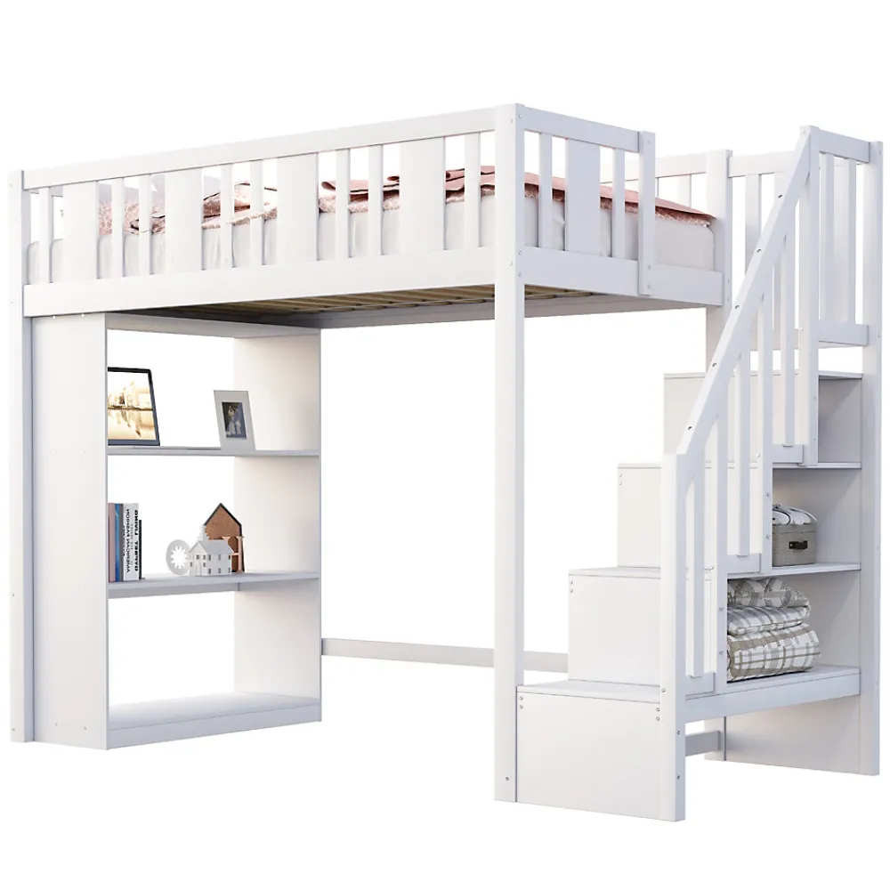 Lit mezzanine 90x200 cm - Lit simple avec rangements intégrés, échelle pratique et tiroirs fonctionnels - Pin et MDF - Blanc>Okwish Outlet