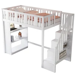 Lit mezzanine 90x200 cm - Lit simple avec rangements intégrés, échelle pratique et tiroirs fonctionnels - Pin et MDF - Blanc><noscript><img width=