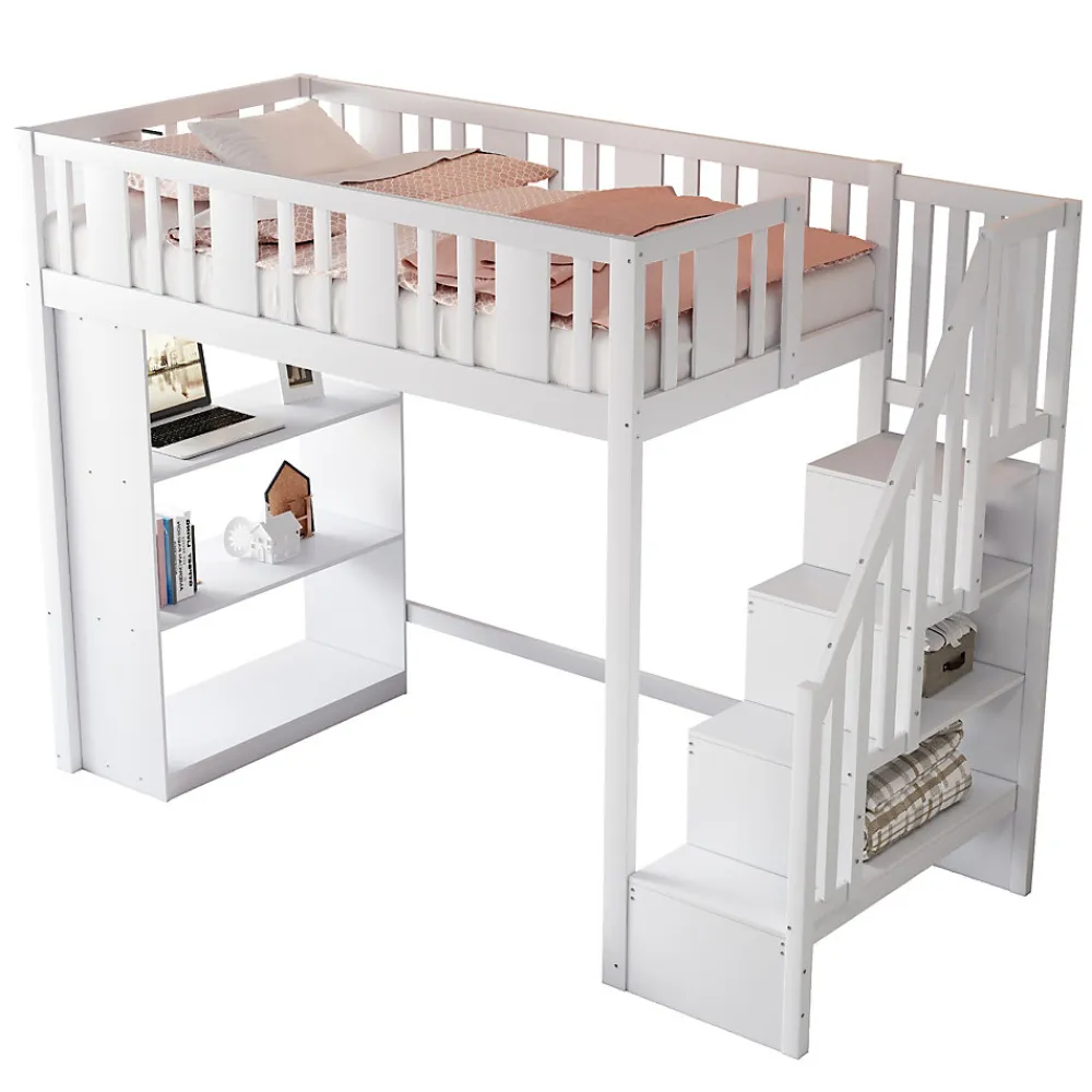 Lit mezzanine 90x200 cm - Lit simple avec rangements intégrés, échelle pratique et tiroirs fonctionnels - Pin et MDF - Blanc>Okwish Outlet