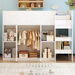 Okwish Lit mezzanine 90x200 cm - Lit simple avec échelle sécurisée, placard intégré et rangement pratique - Pin et MDF - Blanc* Lit Mezzanine