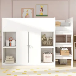 Okwish Lit mezzanine 90x200 cm - Lit simple avec échelle sécurisée, placard intégré et rangement pratique - Pin et MDF - Blanc* Lit Mezzanine