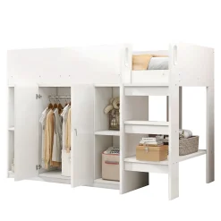 Okwish Lit mezzanine 90x200 cm - Lit simple avec échelle sécurisée, placard intégré et rangement pratique - Pin et MDF - Blanc* Lit Mezzanine