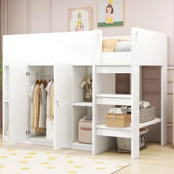 Okwish Lit mezzanine 90x200 cm - Lit simple avec échelle sécurisée, placard intégré et rangement pratique - Pin et MDF - Blanc* Lit Mezzanine
